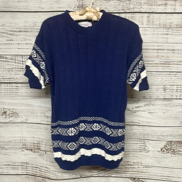 Vintage Rose Brand Short Sleeve Sweater Blue White Medium - Picture 1 of 5